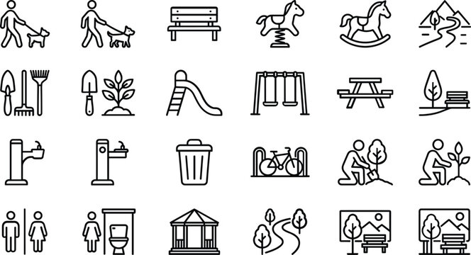 City park recreation line icon set with playground equipment, gardening and landscaping vector elements illustration