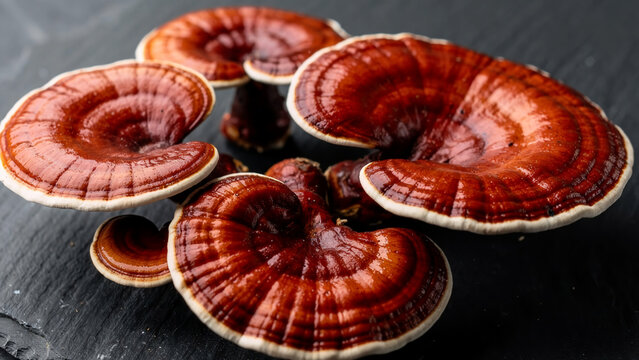 Premium glossy red reishi ganoderma lucidum mushrooms on a dark slate background