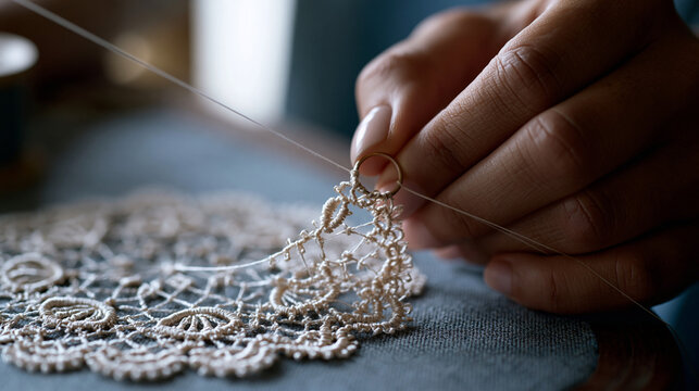 tatting lace shuttle work detail extreme close up of fingers forming a double stitch around a ring, thread tension visible as loops transfer from shuttle to core, partially
