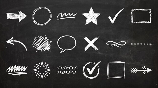 Hand drawn white chalk shapes and arrows set isolated on a dark black board background for creative educational design projects