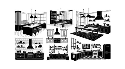 Obraz premium Set of kitchen interior design icons featuring modern furniture cabinets appliances and dining areas in a simple black and white line art style isolated on transparent background, Vector