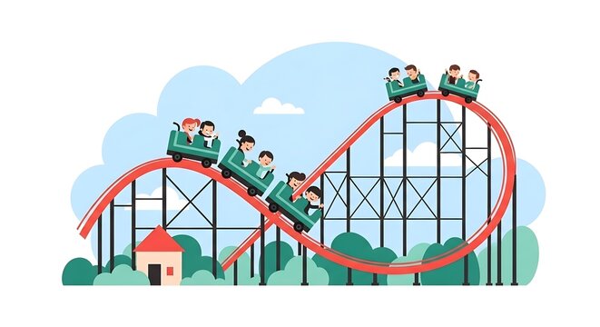 Happy people riding a roller coaster car vector in amusement park