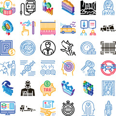 Variety of colorful and outlined icons depicting concepts across business, finance, medicine, education, science, logistics, and social issues, arranged on a white background