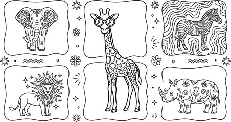 African safari animals coloring pages set with cute patterns in black outline vector style © Afroja
