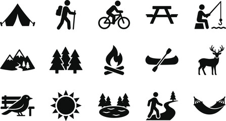 Outdoor camping and hiking silhouette icon set, wilderness adventure nature recreation symbols vector illustration © Akramul