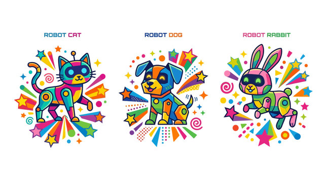 Colorful cartoon robot animal characters collection featuring cat dog and rabbit.