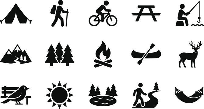 Outdoor camping and hiking silhouette icon set, wilderness adventure nature recreation symbols vector illustration