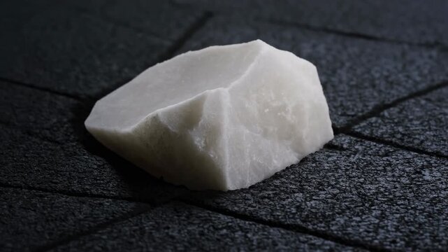 rock on pavement viewed from top-down perspective in natural setting with neutral mood and white and gray tones, static scene with stone material and clean background.