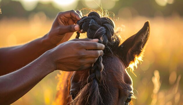 Close-up portrait of a black horse in golden hour light.