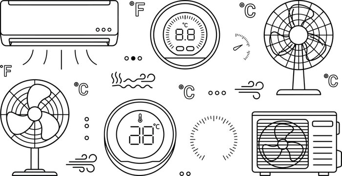 Air conditioning HVAC climate control and ventilation cooling system outline icons set vector design