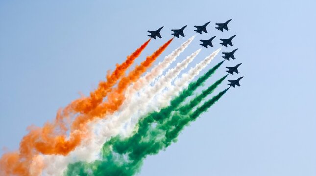 Formation of air force fighter jets performing an aerial salute with vibrant tricolor smoke