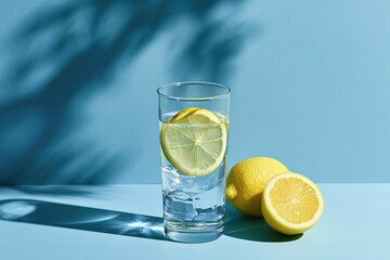 Fototapeta premium Refreshing Glass of Water with Lemon Slices and Whole Lemons.