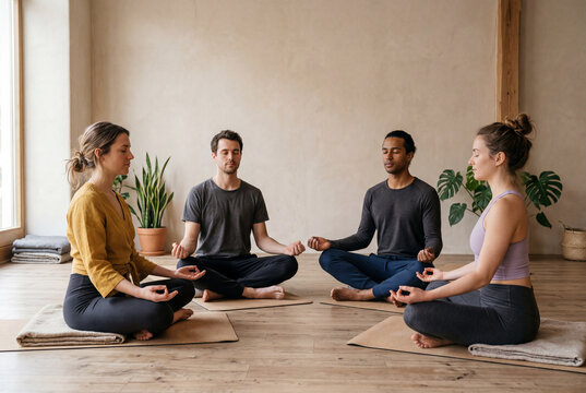 Group of young people meditating in a yoga studio lotus pose mindfulness practice group meditation wellness lifestyle zen class calm mental health fitness exercise indoor workout.