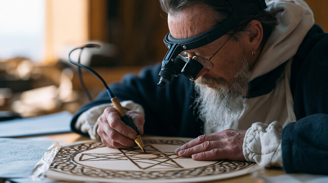 pyrography craftsperson burning Celtic knotwork border into a clock face blank, zooming in with a magnifier headset on fine line crossing detail while a reference tracing sheet is