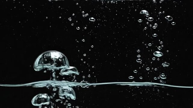 Clear air bubbles rising through dark liquid in a container