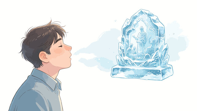 Young boy blowing frost breath towards an intricate crystal ice sculpture featuring religious figures in a serene winter fantasy scene