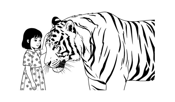 A little girl standing next to a large tiger in a simple black and white line art illustration isolated on transparent background, Vector