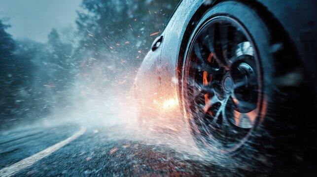 Serie cinematogr&aacute;fica de coches de competici&oacute;n, motores, neum&aacute;ticos, lluvia, chispas y asfalto mojado en escenas de velocidad, adrenalina y tecnolog&iacute;a.