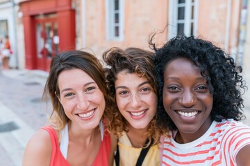 Fototapeta premium Three multiracial young women taking a selfie portrait on a bright city street, featuring candid joyful expressions for friendship and summer lifestyle imagery