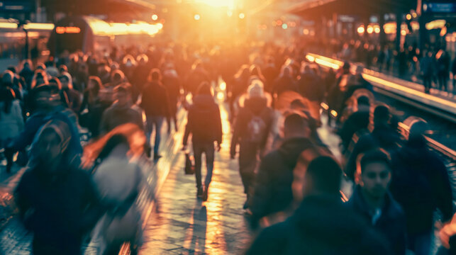 Crowded train station platform at sunset with silhouettes of commuters walking during rush hour