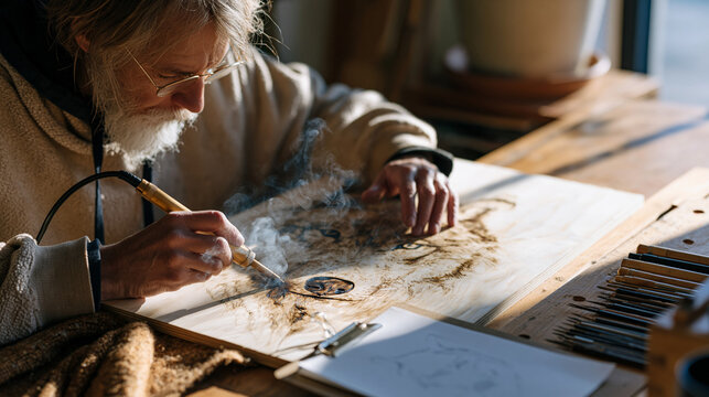 pyrography artist burning a detailed wolf portrait into sanded basswood panel, tungsten tip tool trailing smoke as the grain reacts, reference sketch clipped beside the board and