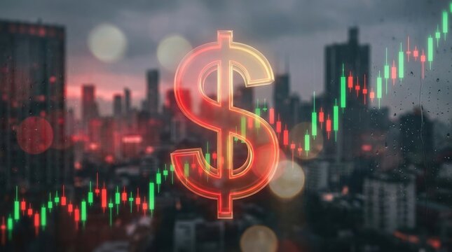 Dollar Sign in Financial District: A large, glowing dollar sign superimposed over a bustling city skyline at dusk, with stock market candlestick charts indicating fluctuations in financial markets.