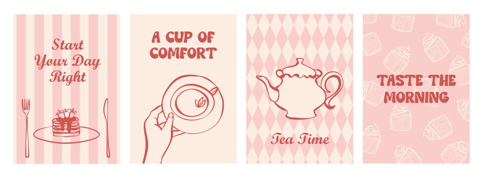 Coquette breakfast and tea time poster set. Hand drawn pancakes, cup of tea, teapot, cupcakes in doodle line art style. Cute pink morning greeting cards with text quotes