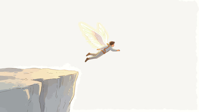 A young boy with glowing angel wings leaps from a cliff edge into the bright sky, embodying themes of freedom, hope, and imagination in a soft pastel illustration style.