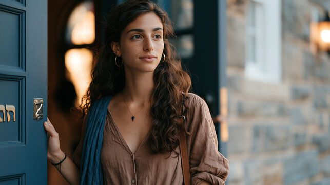 Young woman returning to her childhood synagogue for the first time in years, pausing in the doorway with a hand resting on the mezuzah, her expression caught between nostalgia