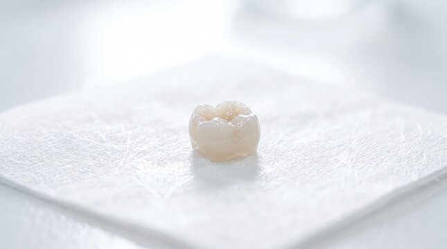 Ceramic pediatric dental crown on white tissue in clinic