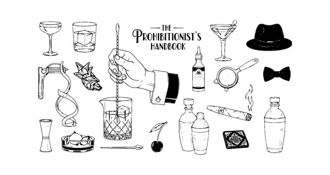 Vintage style cocktail bar icon set with bartender tools glassware hat and bow tie for alcohol drinks and mixology party design elements collection isolated on transparent background, Vector