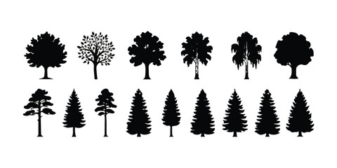Set of black tree silhouettes including deciduous and coniferous pine trees ©  creative  marlia