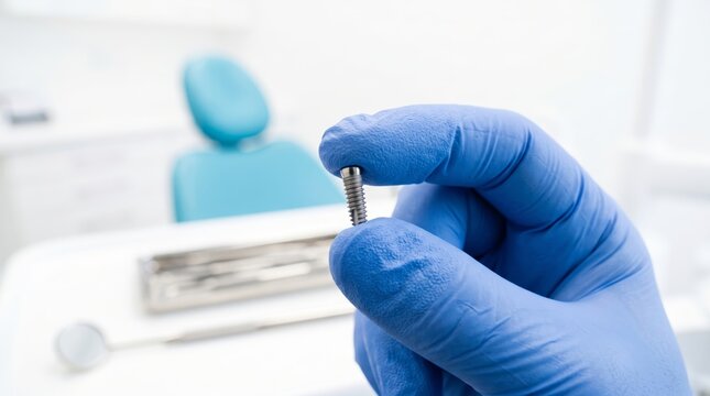 Dentist holding titanium dental implant screw in modern clinic office