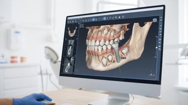 Dentist planning pediatric dental implant on computer in clinic