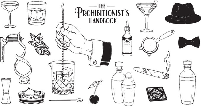 Vintage style cocktail bar icon set with bartender tools glassware hat and bow tie for alcohol drinks and mixology party design elements collection isolated on transparent background, Vector