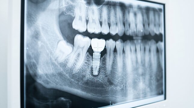 Panoramic dental X-ray showing metal implant on computer screen