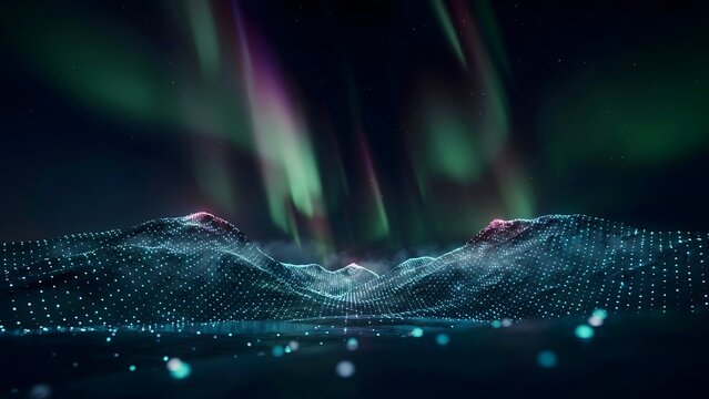 Cyber data point mountain beneath northern lights &ndash; Perfect for network infrastructure, cloud computing, or abstract science materials.