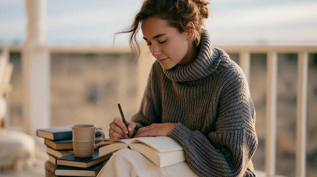Young woman writing in a journal on a porch after exiting a high-control religious group, recovery books stacked beside her tea mug, spiritual abuse recovery candid unposed moment