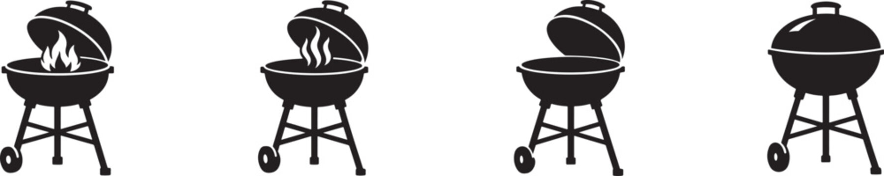 Grill BBQ icon set with fire, smoke and brazier symbols for cooking, outdoor barbecue and food design.