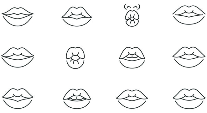 Line art lip icons with various expressions on a white background