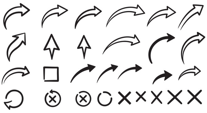 Collection Of Black Line Arrows And Symbols On White Background