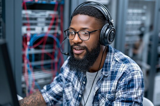 Man with binocular fix distantly computer or laptop, deleting malware, virus, spam, bug or system error. Distant system administrator at work fixing program code or searching or preventing data leak.