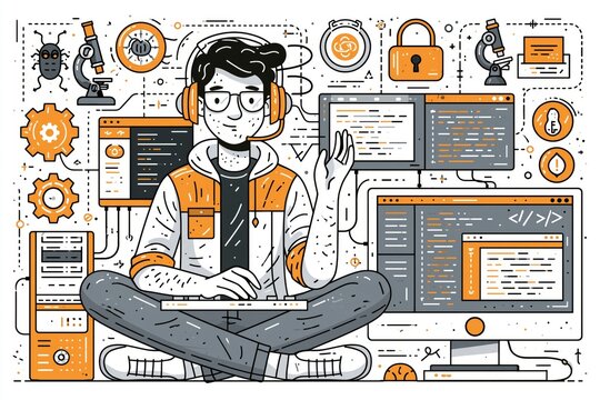 Man with binocular fix distantly computer or laptop, deleting malware, virus, spam, bug or system error. Distant system administrator at work fixing program code or searching or preventing data leak.