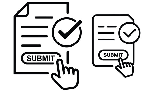 Online document submission and approval icon with checklist and click hand