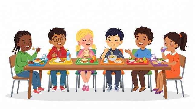 Diverse group of happy school children eating lunch at a long wooden table in a brightly lit modern cafeteria setting with healthy food and drinks