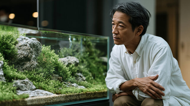 planted aquascape tank reflected in the eyes of a competition judge crouching at substrate level, measuring depth of field through the glass as carpeting plants and stone iwagumi