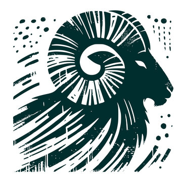 Head of a ram with curved horns. Vector dark green silhouette of an animal in vintage linocut print style isolated on white