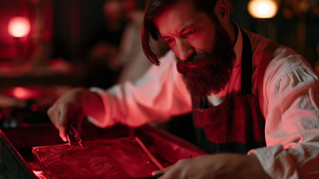 wet plate collodion glass ambrotype emerging from developer tray under red safelight as a technician lifts it with tongs, image of a bearded sitter materializing through chemical