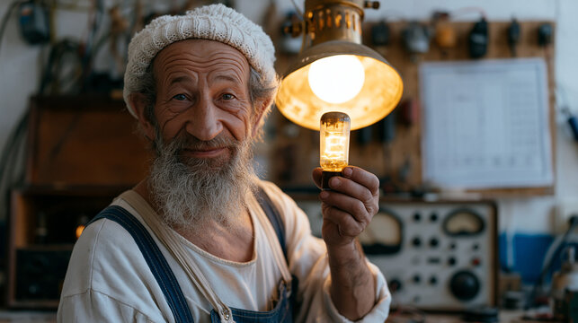 valve radio technician holding a glowing triode tube up to a workshop lamp to check for internal cracks, vintage receiver cabinet open on the bench and a frequency alignment chart