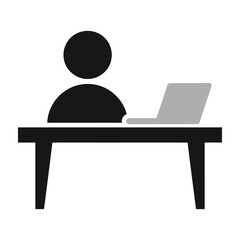 Fototapeta premium Person sitting at desk with laptop computer working indoors office setting
